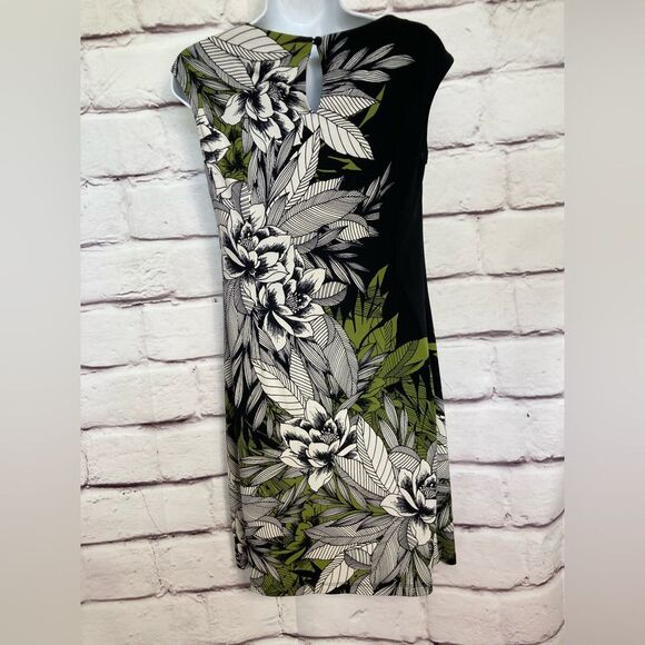 London Times Dress SZ 4 Black White Green Floral Length Sheath Cap Sleeve Summer - Picture 4 of 12